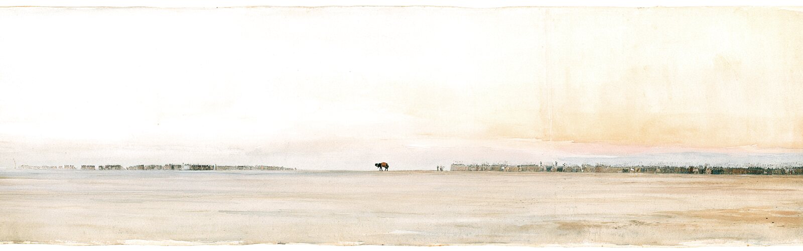 Watercolour of the field at Kurukshetra at first light, two distant armies drawn up under a low sun, from Bhagavad Gita 1.21