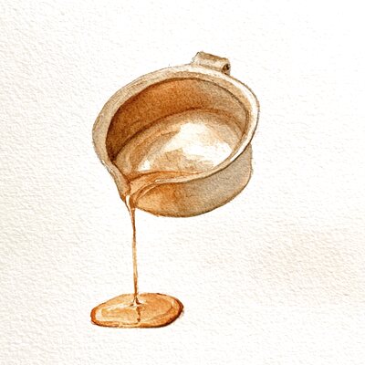 Watercolour of a crucible pouring a thread of molten metal